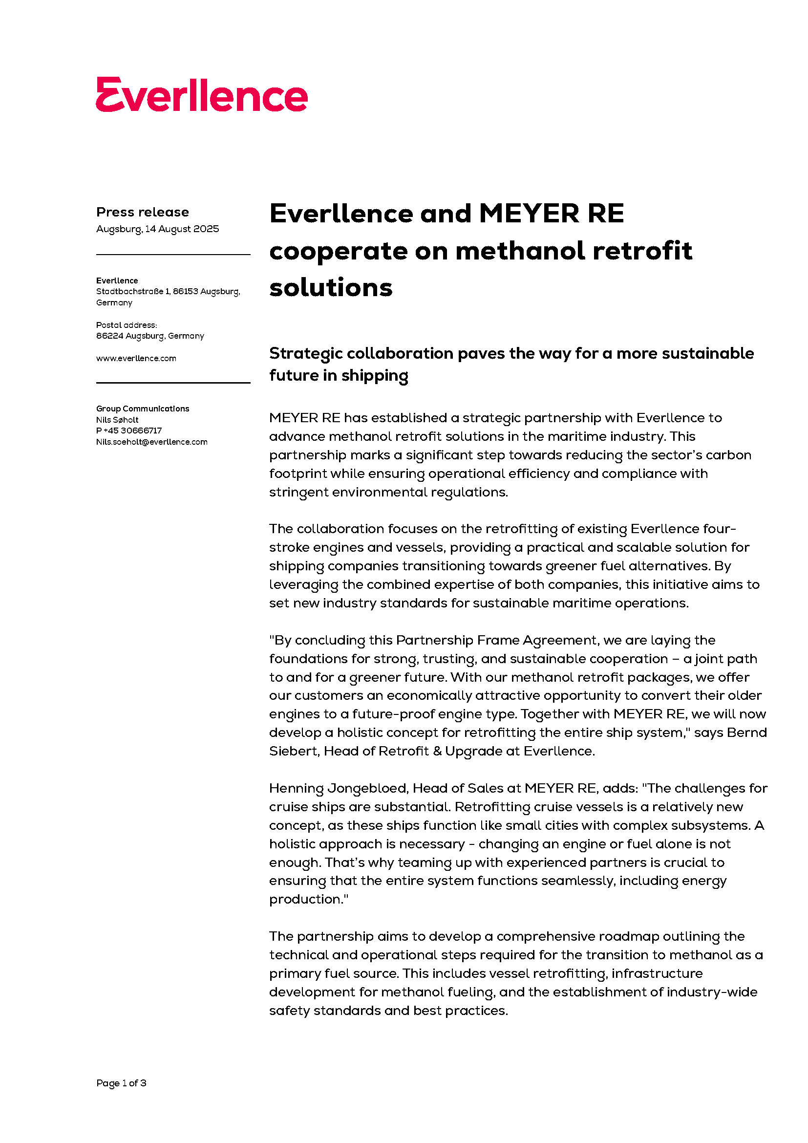 Everllence and MEYER RE cooperate on methanol retrofit solutions